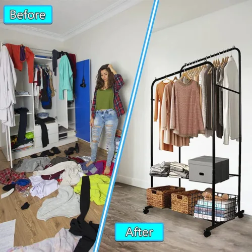 رفّ ملابس مزدوج مع أرفف إضافية