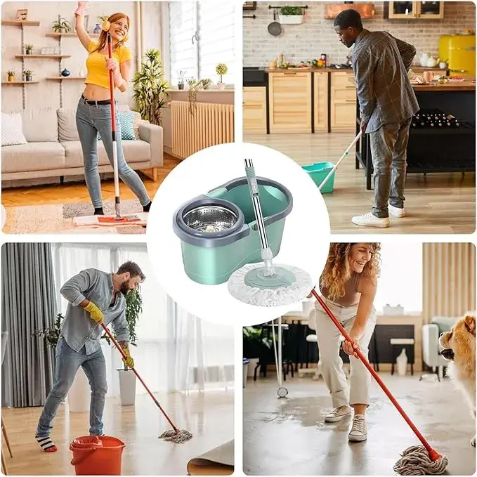 Rotating Mop Microfiber مع دلو من الفولاذ – مسح، عصر، وتنظيف بلمسة واحدة.