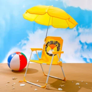 Chaise de plage pliante enfant avec parasol jaune et motif lion
